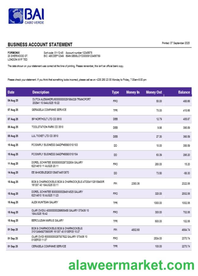 Banco Africano de Investimentos business bank statement Word and PDF format